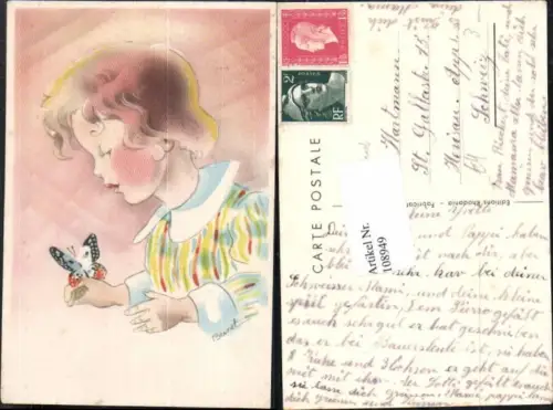 108949,Mädchen m. Schmetterling Butterfly sign. Bernet