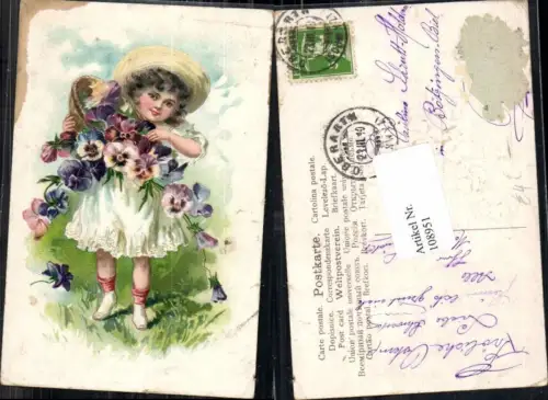 108951,Tolle Litho Mädchen m. Hut Blumen Korb Veilchen