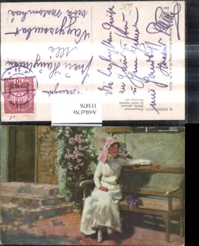 113476,Künstler Ak R. Eichstaedt Morgensonne Frau a. Bank v. Haus