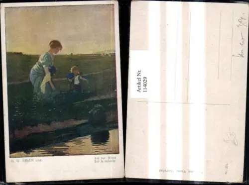 114029,Künstler Ak H. W. Braun Auf d. Wiese Frau Kind Blumen