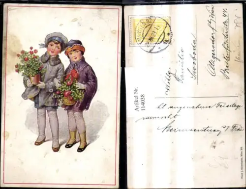 114038,Künstler Ak Kinder Mädchen m. Rosentopf Korb m. Blumen Rosen