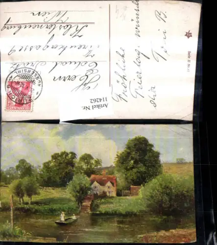 114262,Künstler Ak Fluss Boot Seilzug v. Ufer z. Ufer Haus Landschaft