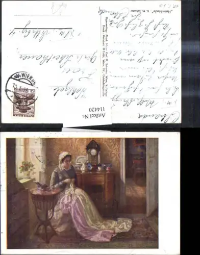114420,Künstler Ak K. M. Schuster Heimfriede Frau b. Nähen