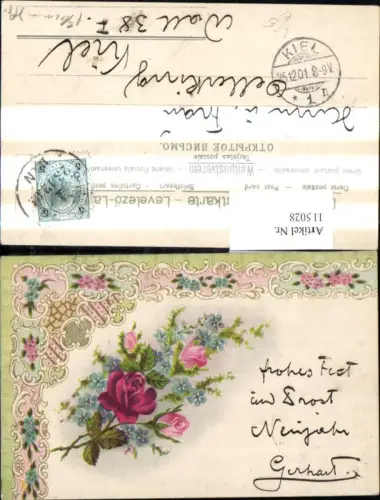 115028,Künstler Litho Blumen Rosen Vergissmeinnicht Ornament