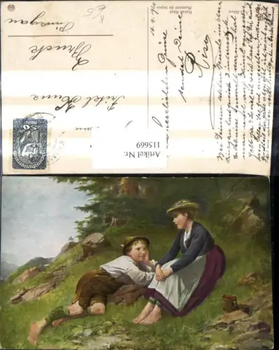 115669,Künstler Ak A. Lüben Kurze Rast Paar i. Tracht a. Berg
