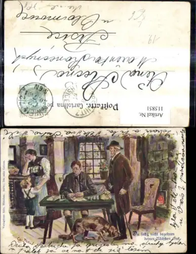 115851,Künstler Litho Perl Mann a. Tisch Hund Frau weint Spruch Text