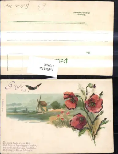 115868,Künstler Litho Windmühle Mohn Blume Spruch Text Glitzerverzierung