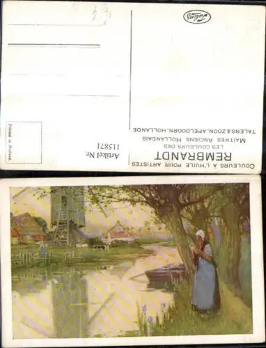 115871,Künstler Ak Rembrandt Windmühle Frau a. Ufer Holland Tracht