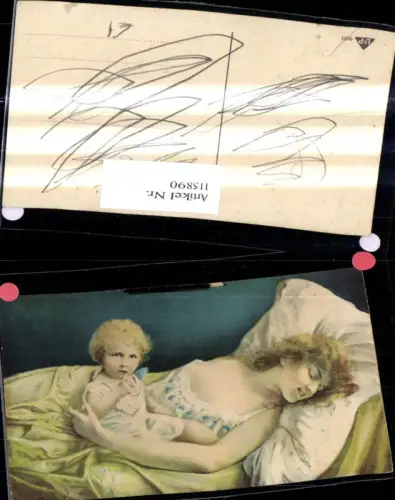 115890,Künstler Ak Kind i. Bett m. schlafender Frau