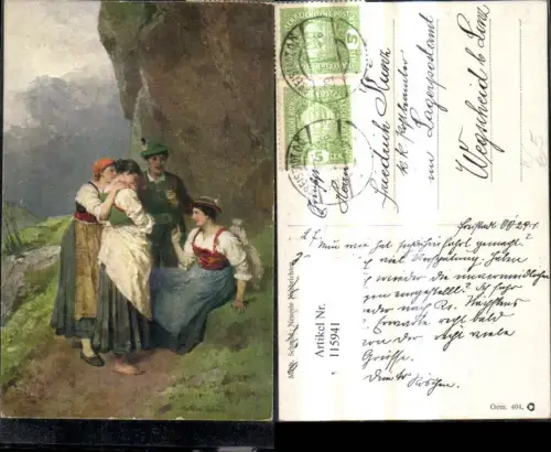 115941,Künstler Ak Math. Schmid Neueste Nachrichten Frauen Mann i. Tracht Bergkulisse