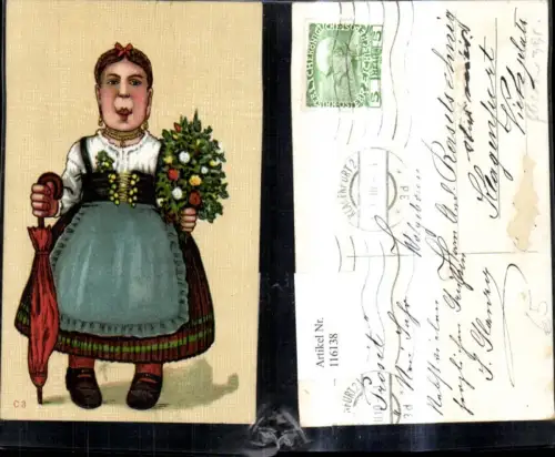 116138,Künstler Ak Frau Tracht Regenschirm Schirm Blumenstrauß
