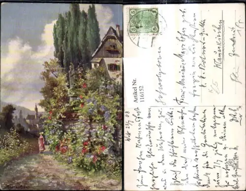 116152,Künstler Ak Werner Meier Frau Strassenansicht Dorf Blumen Statue