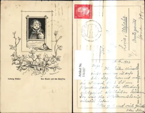116187,Künstler Ak Ludwig Richter Der Knabe u. d. Sperling Frau a. Fenster Vogel Apfelzweig