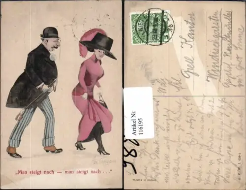 116195,Rudolf Tropper sign. Scherzkarte Mann steigt Frau nach Hut Mode Emanzipation