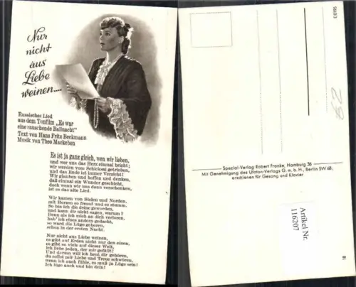 116207,Liedkarte Frau Theo mackeben Fritz Beckmann Perlenkette Kette Frau