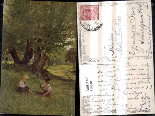 116240,Künstler Ak Rudolf Geyling In d. Au Buben Landschaft