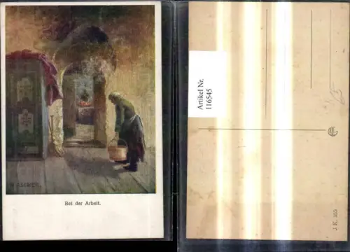116545,Künstler Ak H. Ascher Bei d. Arbeit Frau m. Kübel