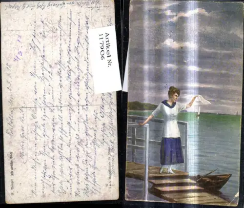 117906,Künstler Ak F. Burger Ich grüße Dich Frau winkt m. Taschentuch Ufer