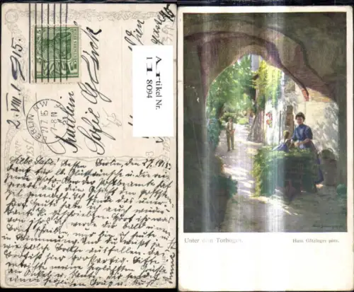 118094,Künstler Ak Hans Götzinger Unter d. Torbogen Frau m. Karren Heukarren
