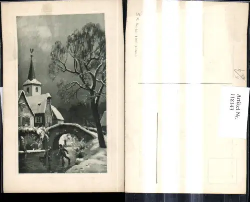 118143,Künstler Ak Winterdorf Kinder laufen Schlittschuh a. Fluss Brücke Passepartout