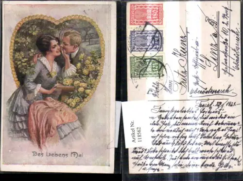 118562,Künstler Ak H. Schubert Des Lebens Mai Liebespaar Herz a. Rosen Passepartout