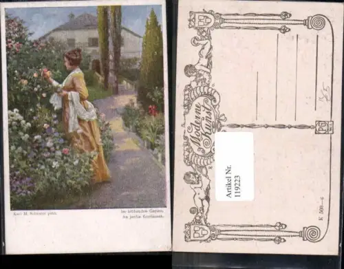 119223,Karl M. Schuster Im blühenden Garten Frau Rosen Blumen