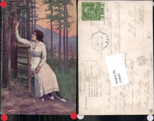 119643,F. Klimes Frau sitzt auf Bank im Wald Herze in Bäumen Baum