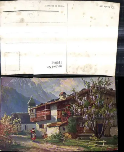 119942,Künstler Ak F. Trübe Bergdorf Frau m. Schirm