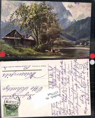 123758,F. Trubet Haus am Ufer Boot Künstler AK Berge