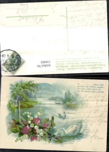 138802,Künstler Litho See Schwäne Blumen Rosen Text Spruch