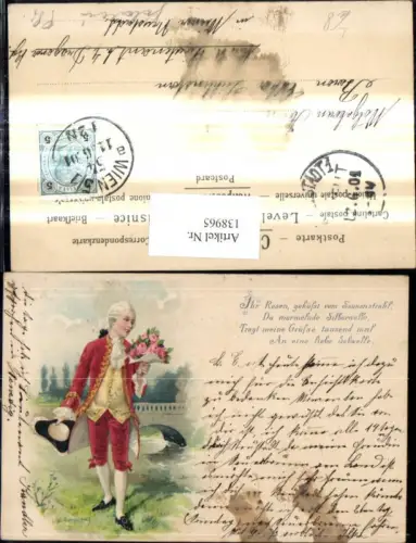 138965,Künstler Litho Mann Kavarlier m. Rosen Strauß Spruch Text