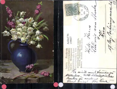 139027,Künstler Ak m. Blütenduft Blumen Vase Maiglöckchen Flieder Stempel Jacomini Vorstadt pub J. C. Schmidt Erfurt