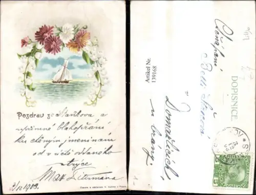 139168,Künstler Litho Segelschiff Kranz a. Blumen