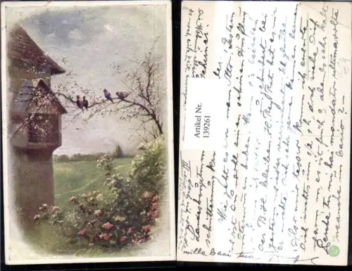 139261,Künstler Ak Haus Zweig m. Vögel Landschaft