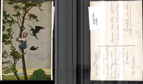 171896,Künstler Ak Bub Junge a. Baum m. Rabe sign N. Wiwel