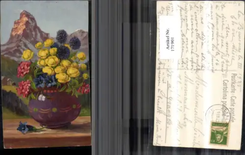 171901,Künstler Ak Blumenvase v. Bergkulisse sign W. Früh