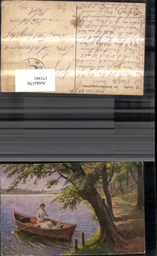 171941,Künstler Ak Im Abendsonnenschein Frau i. Ruderboot sign C. Krebs