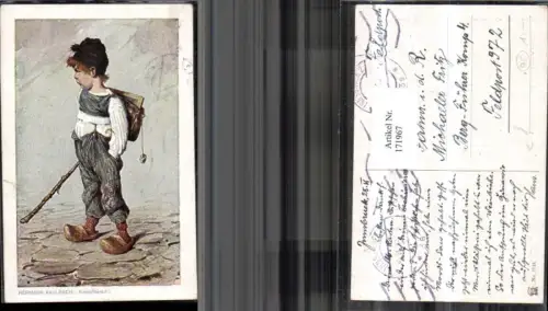 171967,Künstler Ak Kampfbereit Kind Junge Bub m. Holzstab Schultasche Holzschuhe sign Hermann Kaulbach