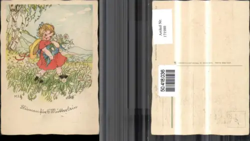171980,Künstler Ak Mädchen m. Blumen Wiese Baum Blumen f. Mütterlein