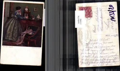 171994,Künstler Ak H. Wollner pinx Die Zeit vergeht Frau steht bei Uhr