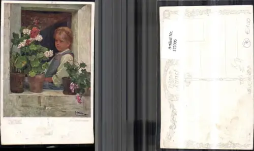 172005,Künstler Ak Jos. Straka pinx. Am Fenster Kind am Fenster Blumen