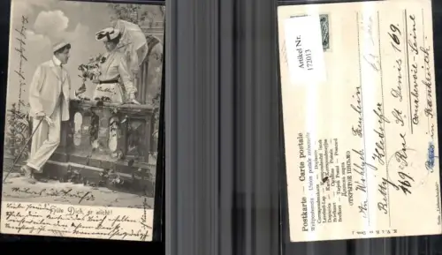 172013,Künstler Ak Hüte dich er sticht Frau mit Hut und Schirm Mann mit Anzug Hut und Stock