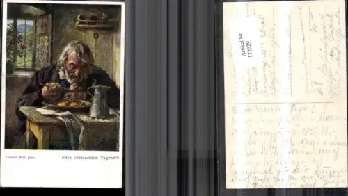 172029,Künstler Ak Thomas Riss pinx. Nach vollbrachtem Tagewerk Mann beim Essen