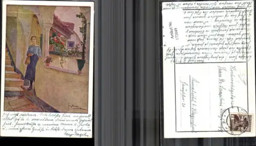 172049,Künstler Ak Josef Straka Frau Stiege