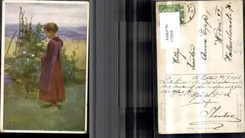 172054,Künstler Ak Josef Straka pinx. Kind mit Kleid Landschaft Blumen
