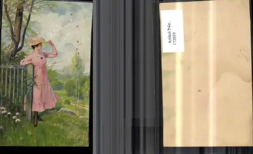 172059,Künstler Ak R. Borrmeister Frau mit Kleid und Hut Landschaft