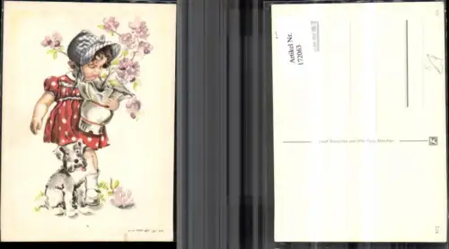 172063,Künstler Ak Hilla Peyk Mädchen mit Haube und Kleid mit Blumen in der Hand Hund mit Brief