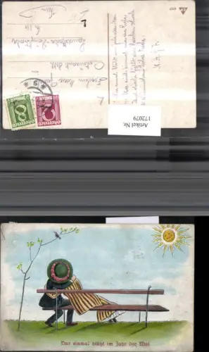 172079,Künstler Ak Litho Paar auf einer Sitzbank Sonne Vogel