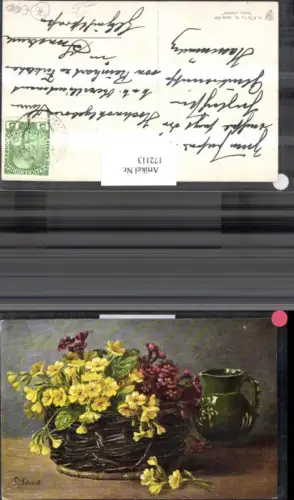 172113,Künstler Ak T. Schmidt Korb voll Blumen Krug