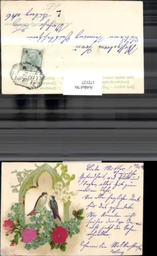 172127,Künstler Ak Präge Litho Rosen blaue Blumen Märzenbecher Vögel